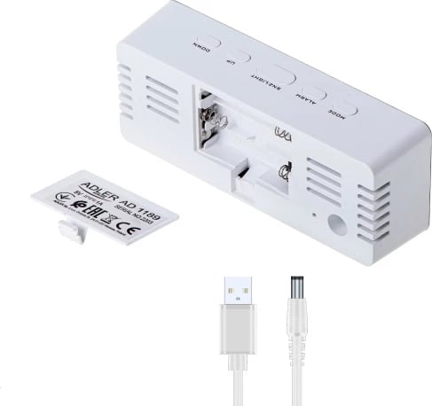 Orë me alarm, Adler AD 1189, ekran LED, shfaqje temperature dhe date, ndriçim i rregullueshëm, USB/3xAAA, e bardhë