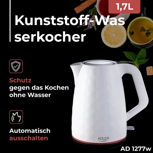 Zierës uji elektrik, Adler, AD 1277, 1.7 L, 1850-2200W, plastikë, i bardhë