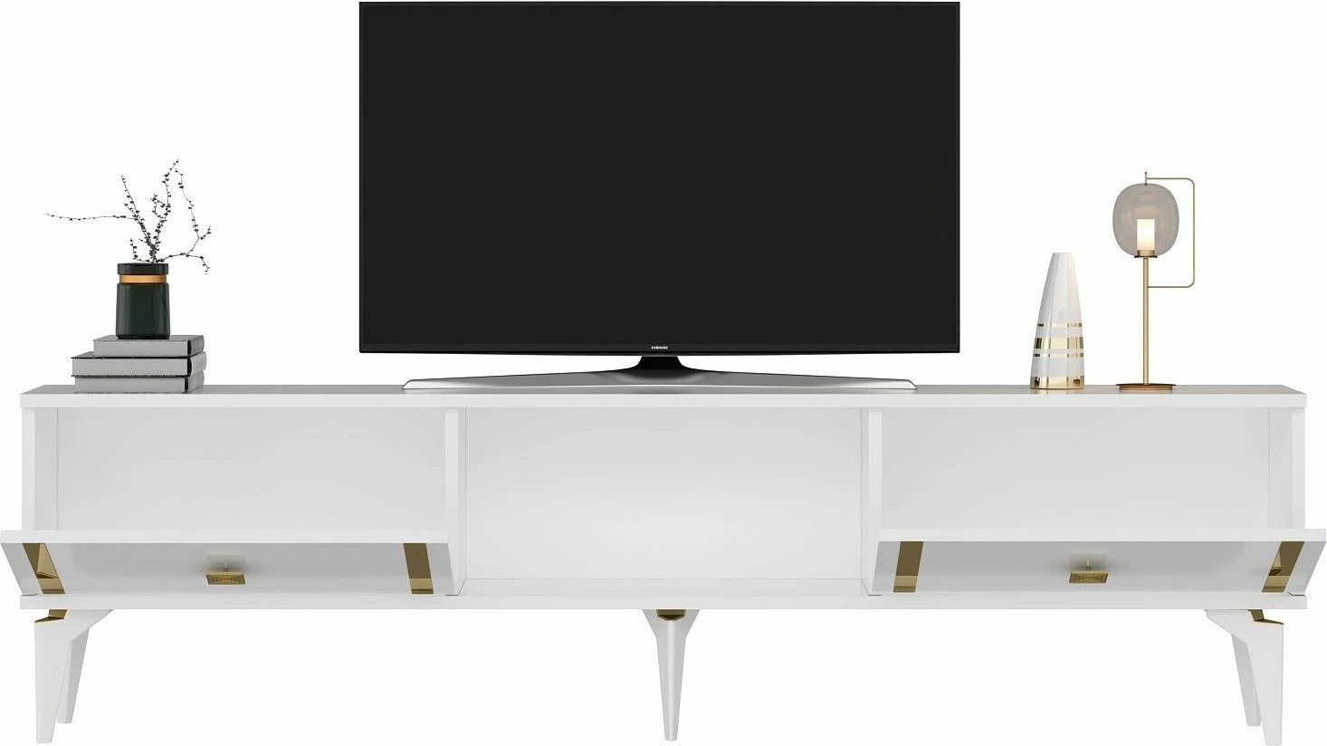 Komodë TV Skye Decor, e bardhë, e artë, Doruk