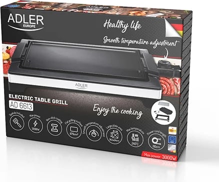 grill elektrik tavoline, Adler, AD 6613, deri 3000W, pllakë jo-ngjitëse 36.5x24 cm, me shpatull