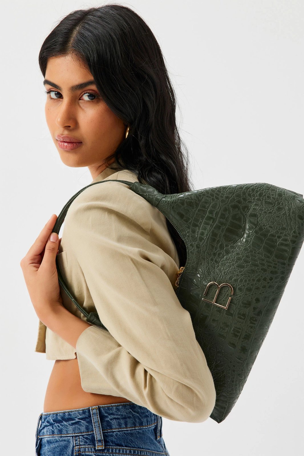 Çantë krahu Lucky Bees, model 505, ngjyrë jeshile krokodili