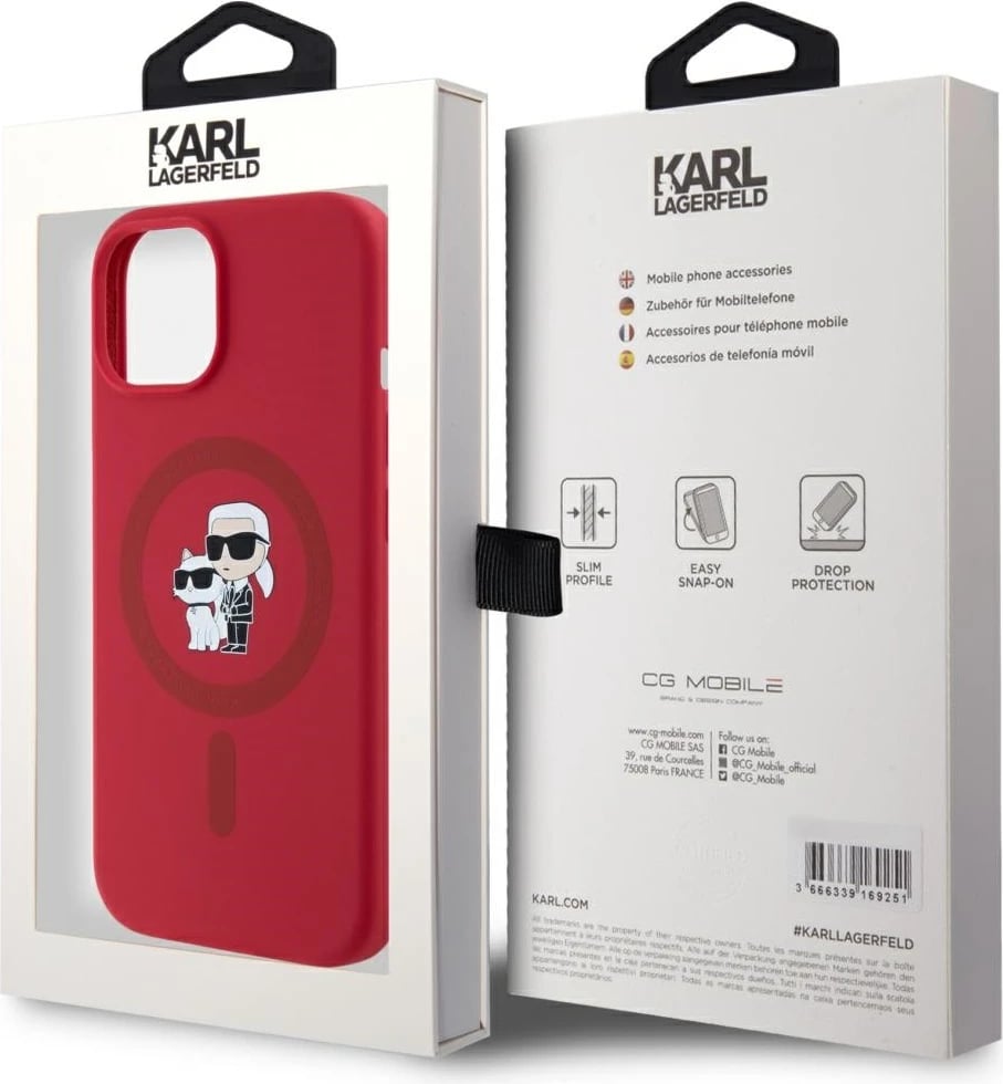 Mbështjellës Karl Lagerfeld Silicone Karl&Choupette Heads Ring MagSafe për iPhone 15, Kuq