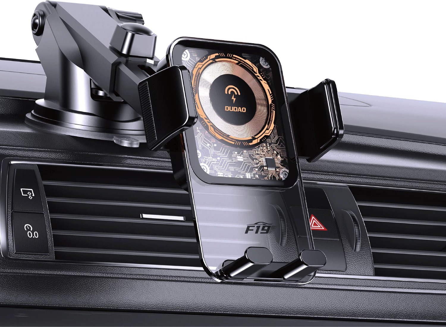 Mbajtës makine me karikues me valë 15W, Dudao F19, krah i rregullueshëm, montim panel/ventilim, zi