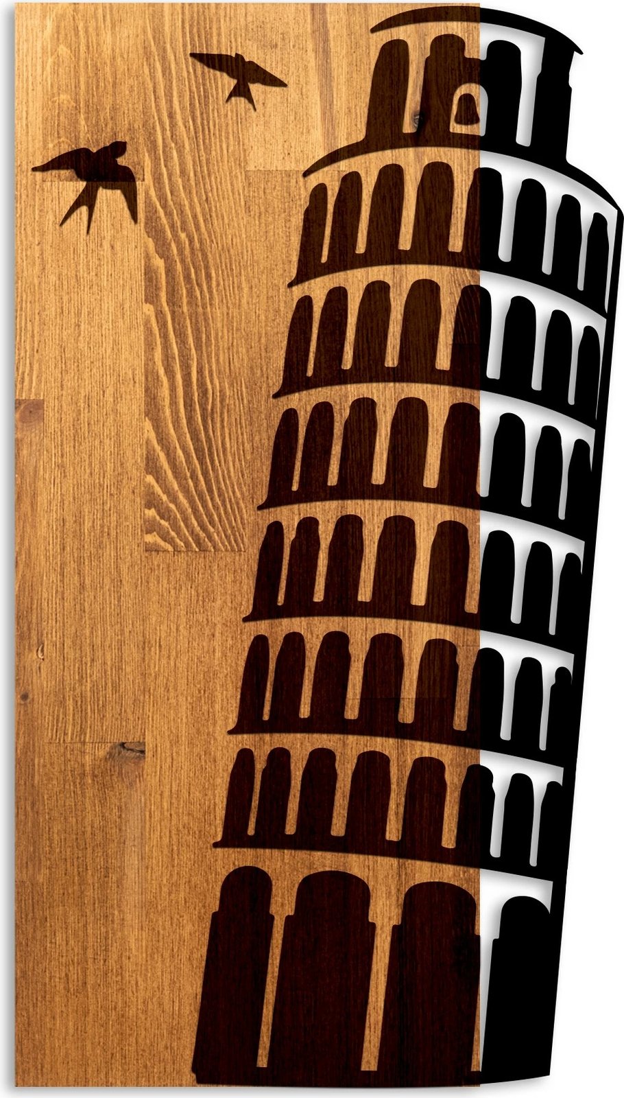 Aksesor dekorativ për mur, dru dhe metal, Kulla e Pizës, ngjyrë arre dhe e zezë