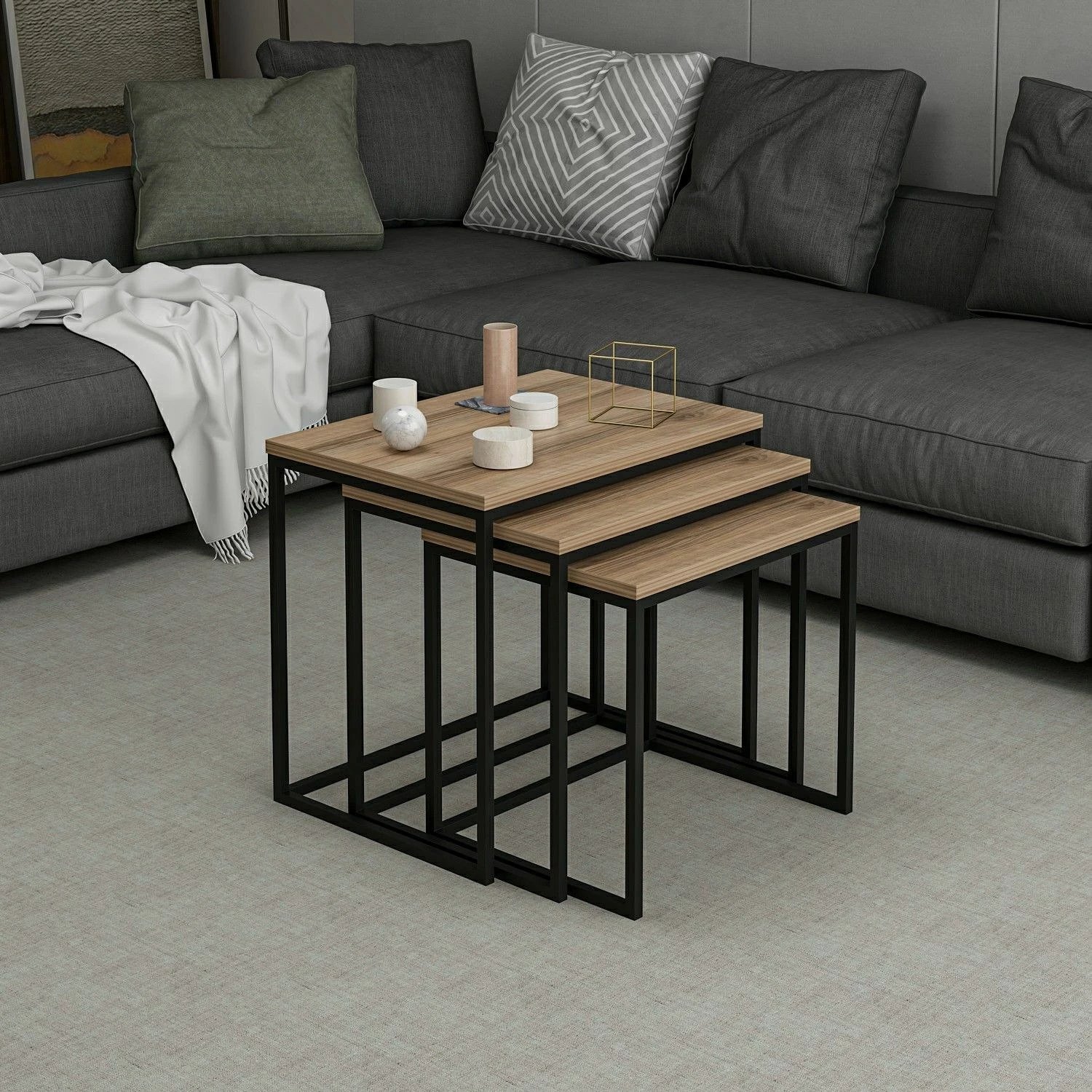 Set tavolina të ndërlidhura (3 copë), Hanah Home, Evia, ngjyrë arre