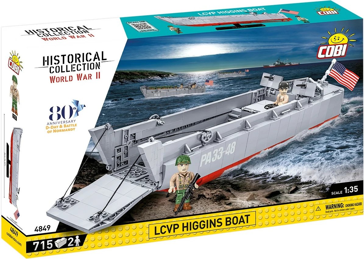Set lodrash ndërtimi Cobi Klocki LCVP Higgins Boat, 715 pjesë, me 2 figurina, Gri