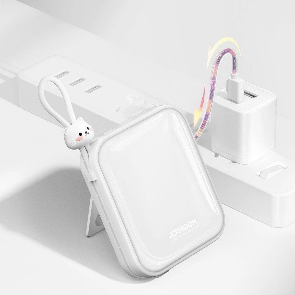 Powerbank Joyroom Cutie Series JR-L008, 10000mAh, 22.5W, me kabllo USB-C dhe Lightning, me stand, Bardhë
