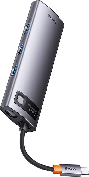 Kasë Baseus Metal Gleam Series 7-in-1, USB-C në 3x USB 3.0, HDMI, USB-C PD, VGA, Ethernet RJ45, Gri