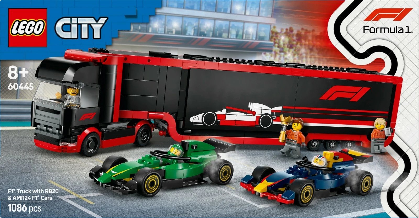 Set LEGO City 60445, F1 Truck me RB20 dhe AMR24 F1 Cars, 1086 pjesë