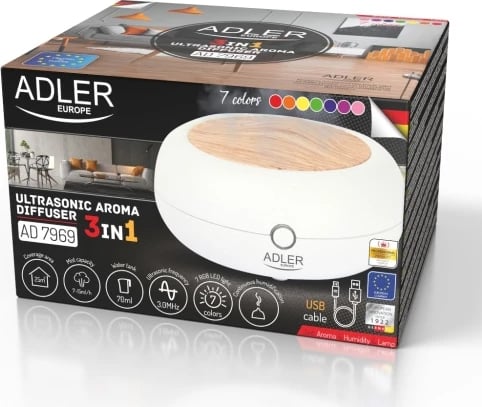 Difuzer arome ultrasonik, Adler, AD 7969, 70 ml, USB 5V, 3-në-1, i bardhë/dru i çelët
