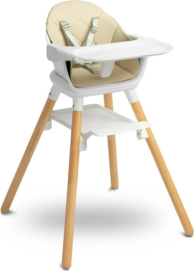 Karrige e lartë për fëmijë, CARETERO Bravo, multifunksionale me tabaka dhe mbështetëse këmbësh, këmbë druri, rrip 5-pikësh, bezhë