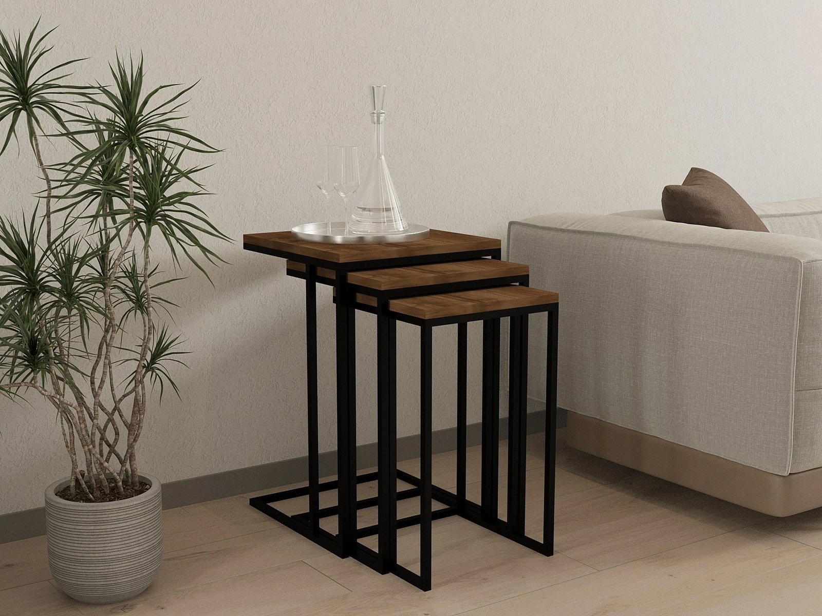 Set tavolinash ndihmëse të mbivendosura, 3 copë, Skye Decor, ngjyrë arre dhe e zezë