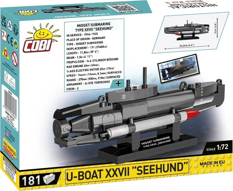 Set blloqesh Cobi Klocki U-Boat XXVII Seehund, 181 pjesë, plastikë, gri/zezë