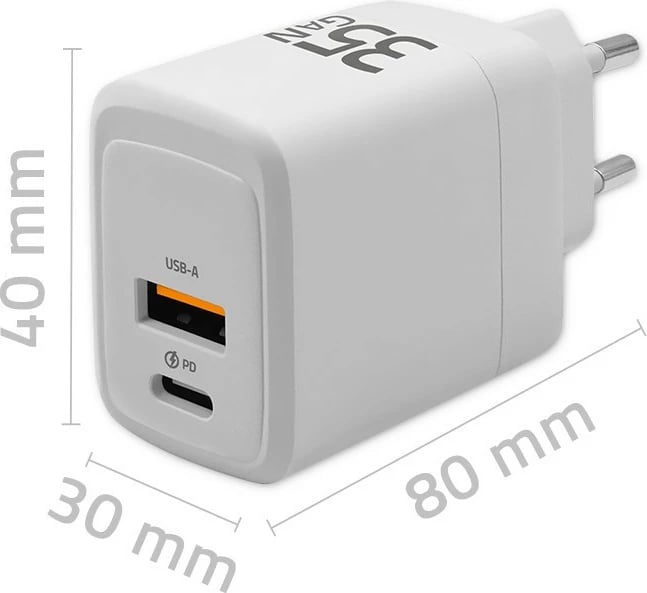 Karikues muri Qoltec 35W GaN, 1x USB-C PD, 1x USB QC 3.0, Bardhë