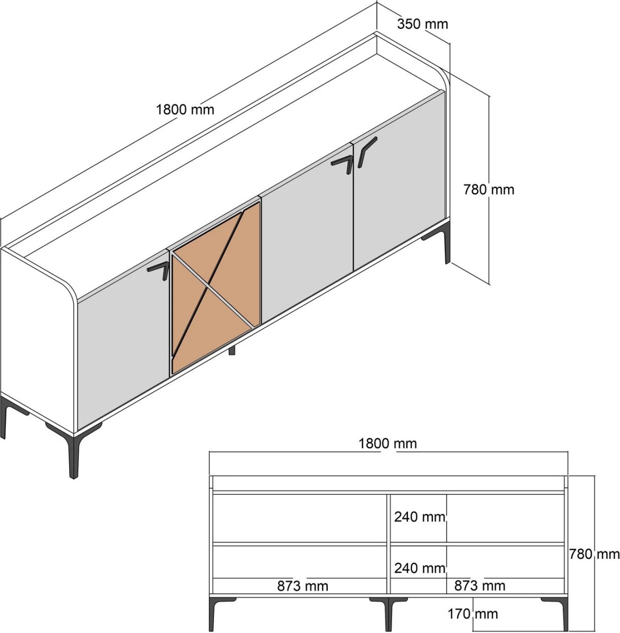 Bufet melamine, ngjyrë arre me dyer pamje mermeri të zi, FH9433.03, 180x35x78 cm