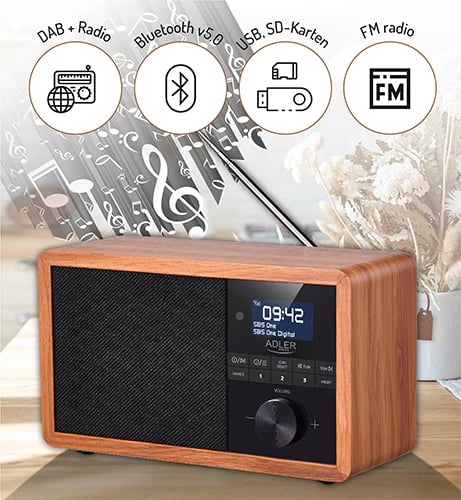 Radio Adler AD 1184 DAB/DAB+, FM, Bluetooth 5.0, 3W, LCD, USB/SD, alarm, kafe
