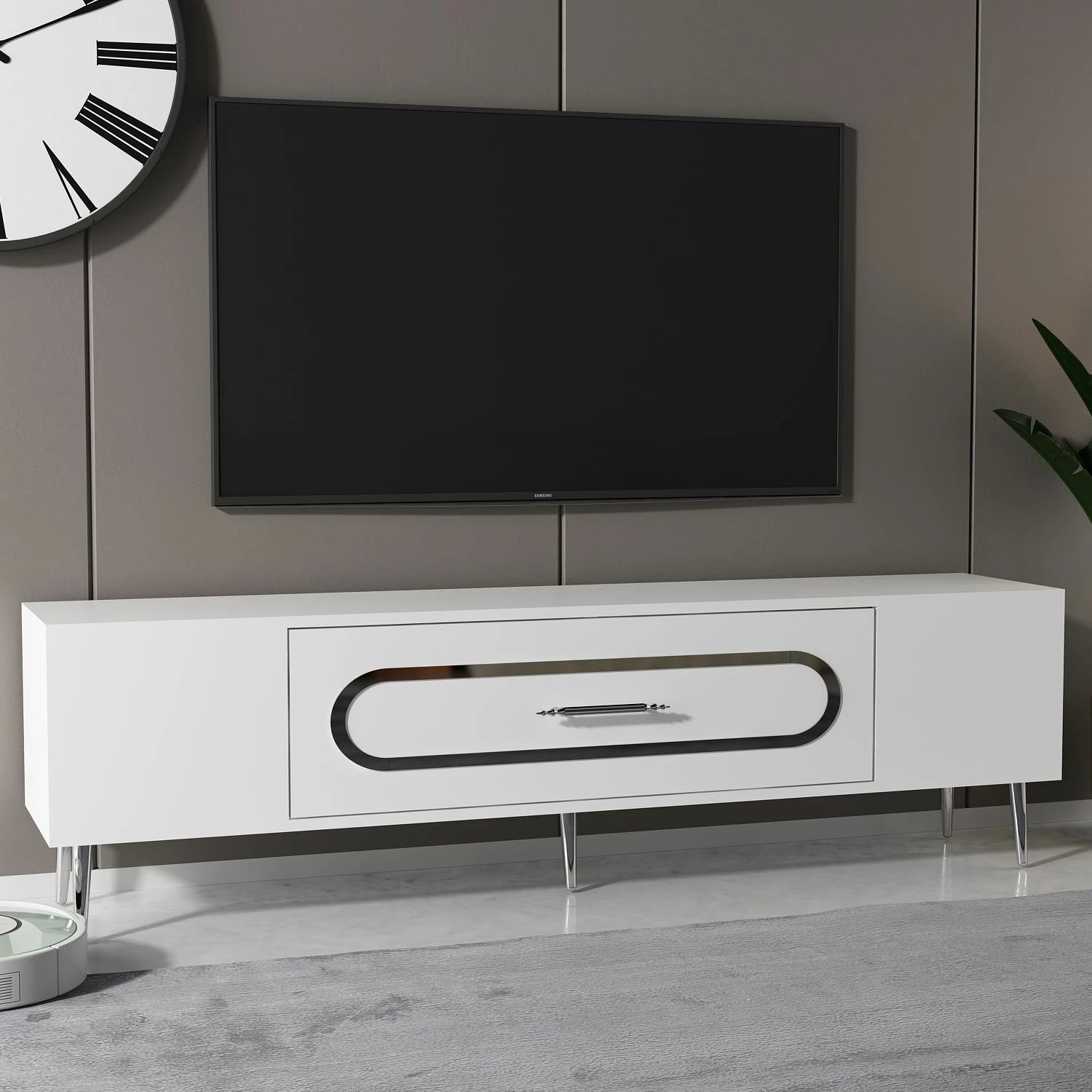 Komodë TV Skye Decor, e bardhë, argjend