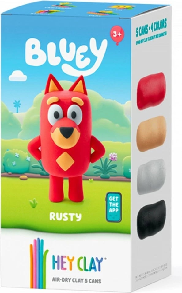 Masë modeluese shkumë Hey Clay Bluey Rusty, HCL50205CEE5, tharje në ajër, 5 kanaçe 4 ngjyra, jo-toksike, set