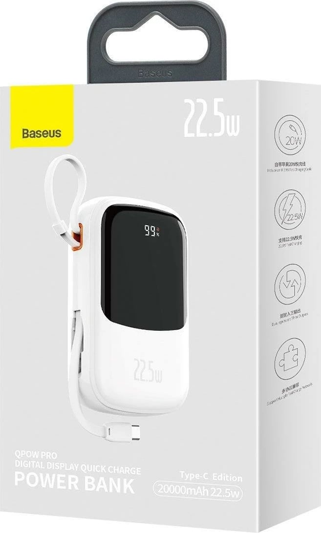 Powerbank Baseus Qpow, 20000mAh, 22.5W, me kabllo USB-C të integruar, Bardhë