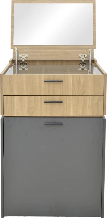 Tavolinë grimi Sonlen, ngjyrë gri e errët-dru arre i çelët, me pasqyrë dhe stol, 60x45x122cm