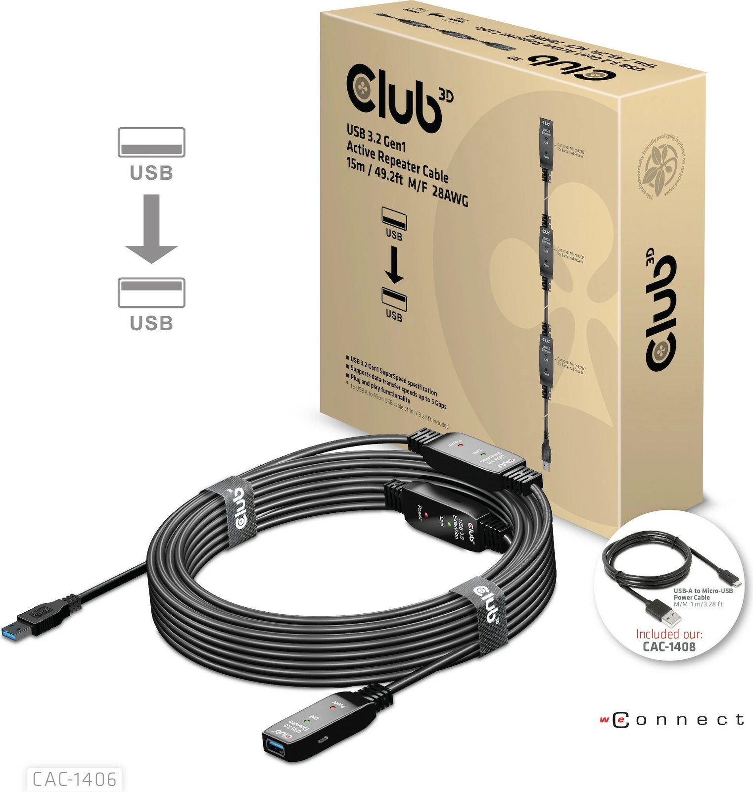 Kabllo USB zgjatuese Club3D 15m, USB 3.2, e zezë