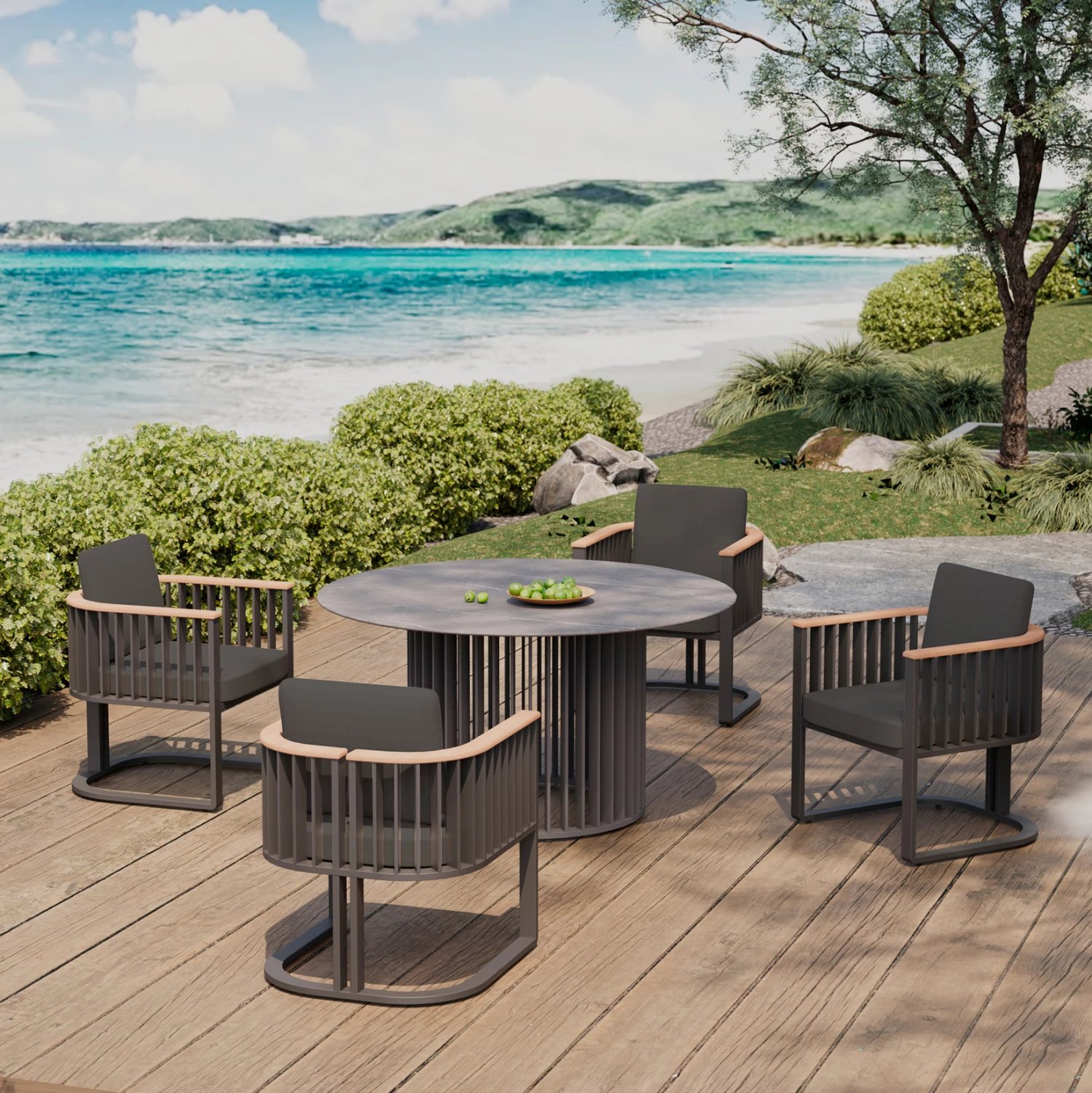 Karrige ngrënieje alumini Eternity, ngjyrë antracit, jastëkë gri, 64x65x68.5cm