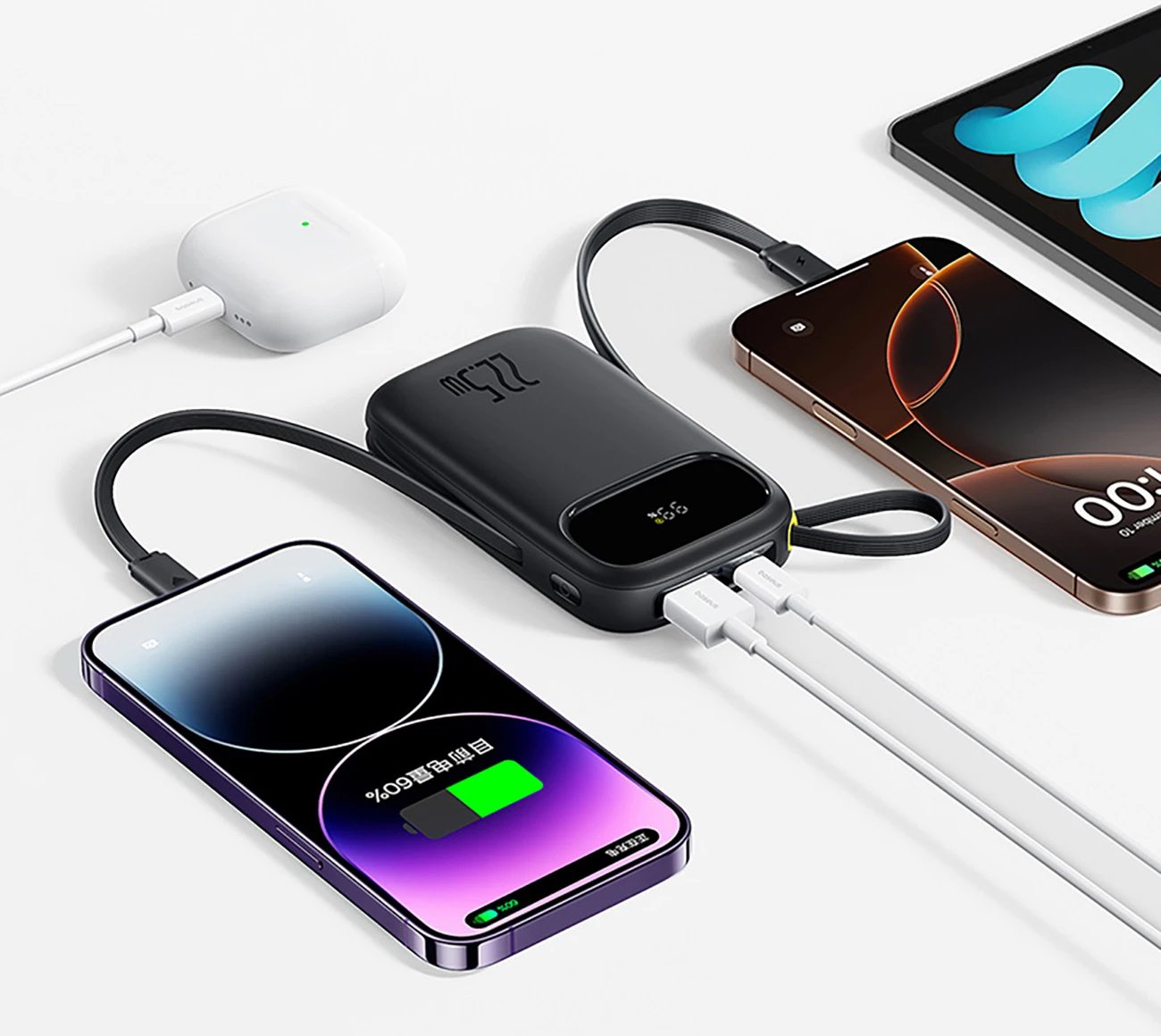 Powerbank Baseus EnerFill FC31, 20000mAh, 22.5W, me ekran dixhital, me 2 kabllo të integruara USB-C + Lightning, e zezë