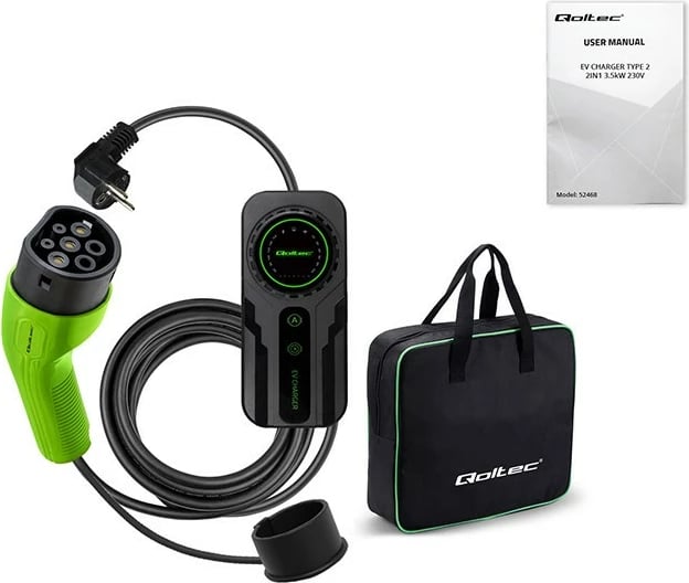 Karikues portativ për vetura elektrike Qoltec 52468, Type 2, 3.5kW, 5m, i zi/gjelbër