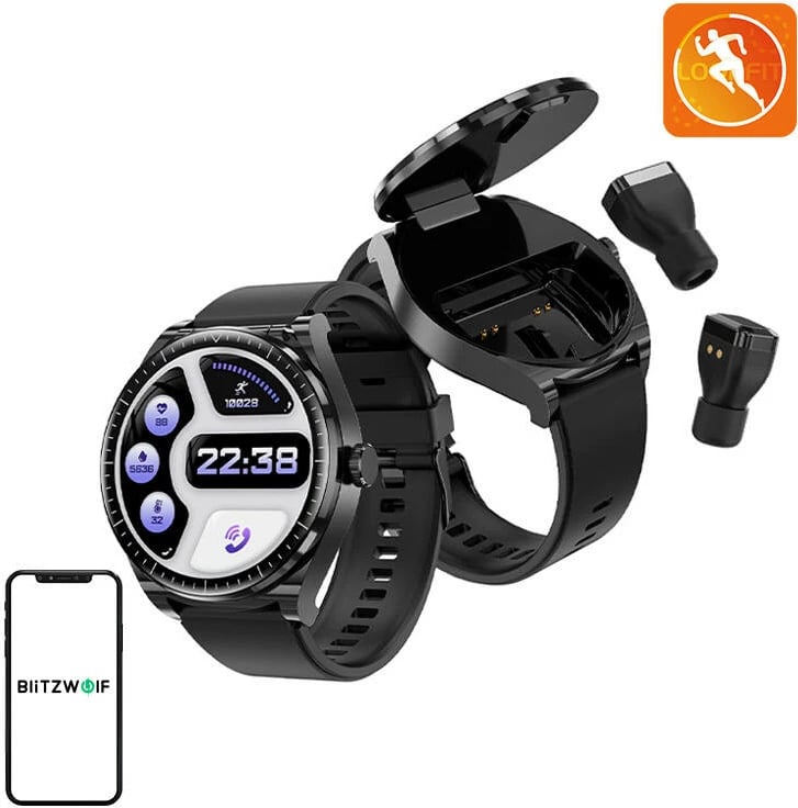 Smartwatch BlitzWolf BW-HW1 me kufje TWS, 1.53", 300mAh, i zi, set