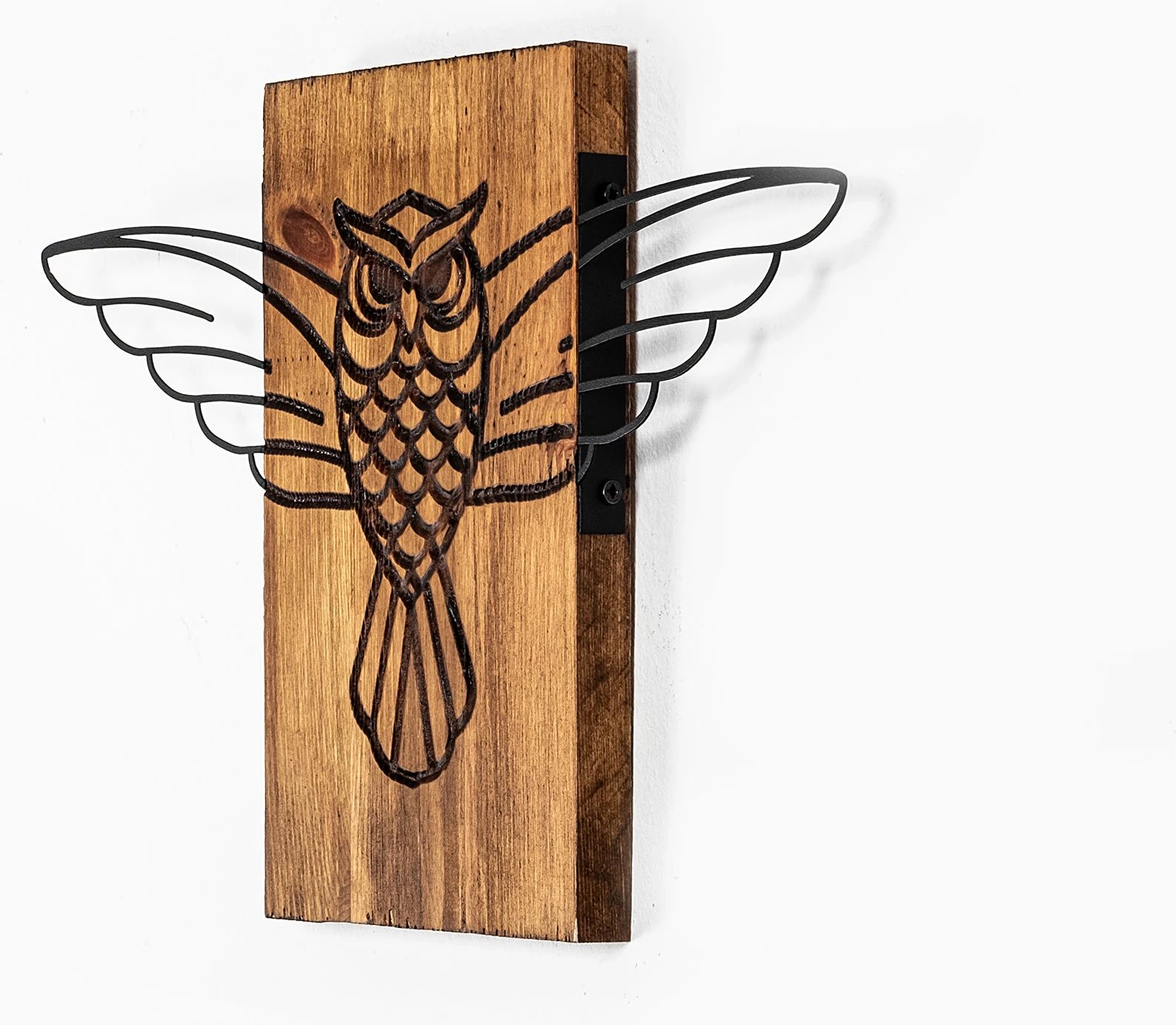 Aksesor dekorativ për mur, dru dhe metal, dizajn buf, Wallity, 38x3x25cm