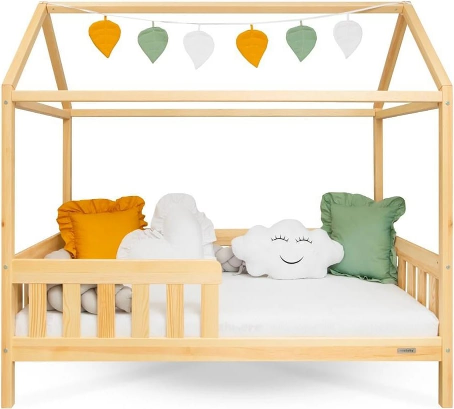 krevat shtëpizë për fëmijë, New Baby CASTELLO, 160x80 cm, me mbrojtëse dhe bazë me letvica, natyral