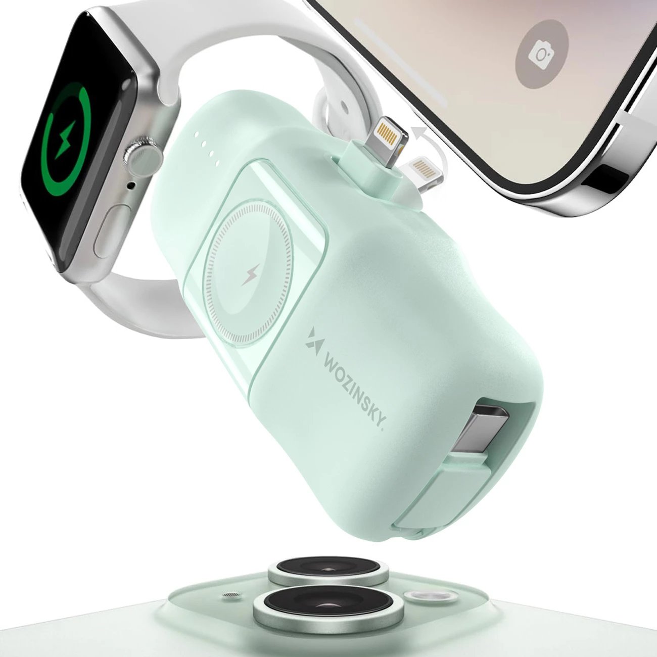 Powerbank Wozinsky WF16-YLS, 5000mAh, 15W, me kabllo USB-C të integruar dhe karikues për Apple Watch, Jeshile