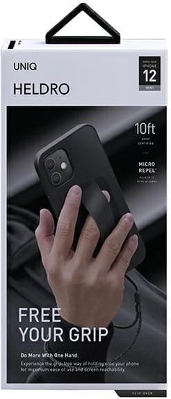 Mbështjellës UNIQ Heldro për iPhone 12 mini, me rrip FlexGrip dhe rrip dore, i zi
