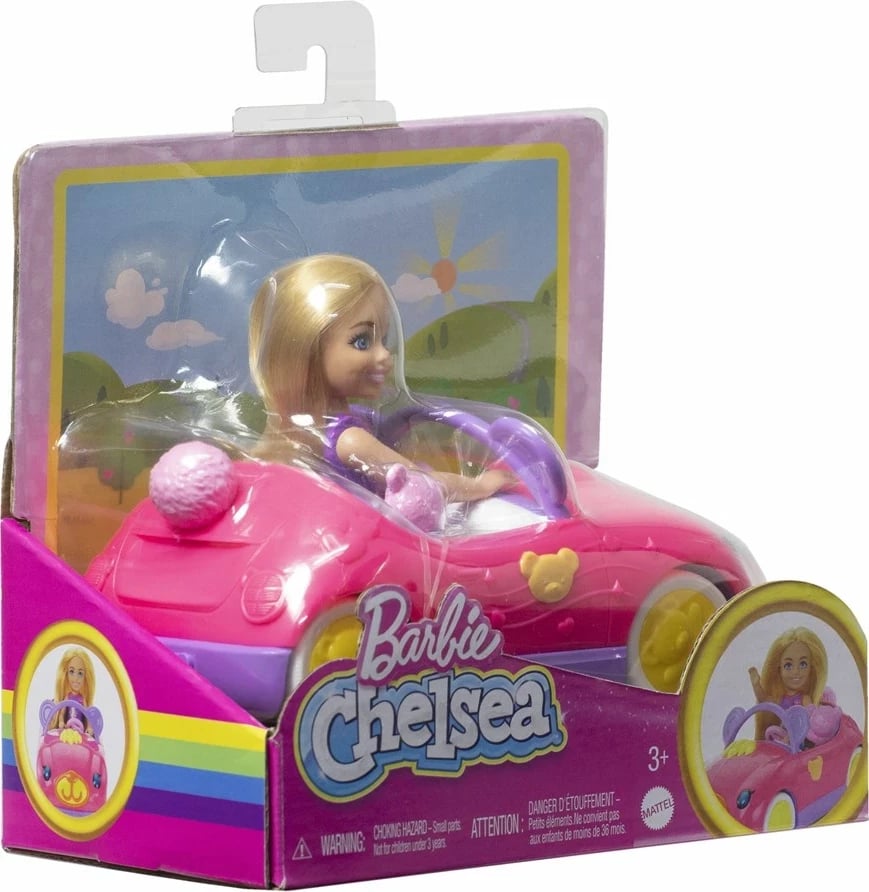 Set lodrash Barbie Chelsea me kukull të vogël bionde, makinë lodër dhe ariush, shumëngjyrëshe