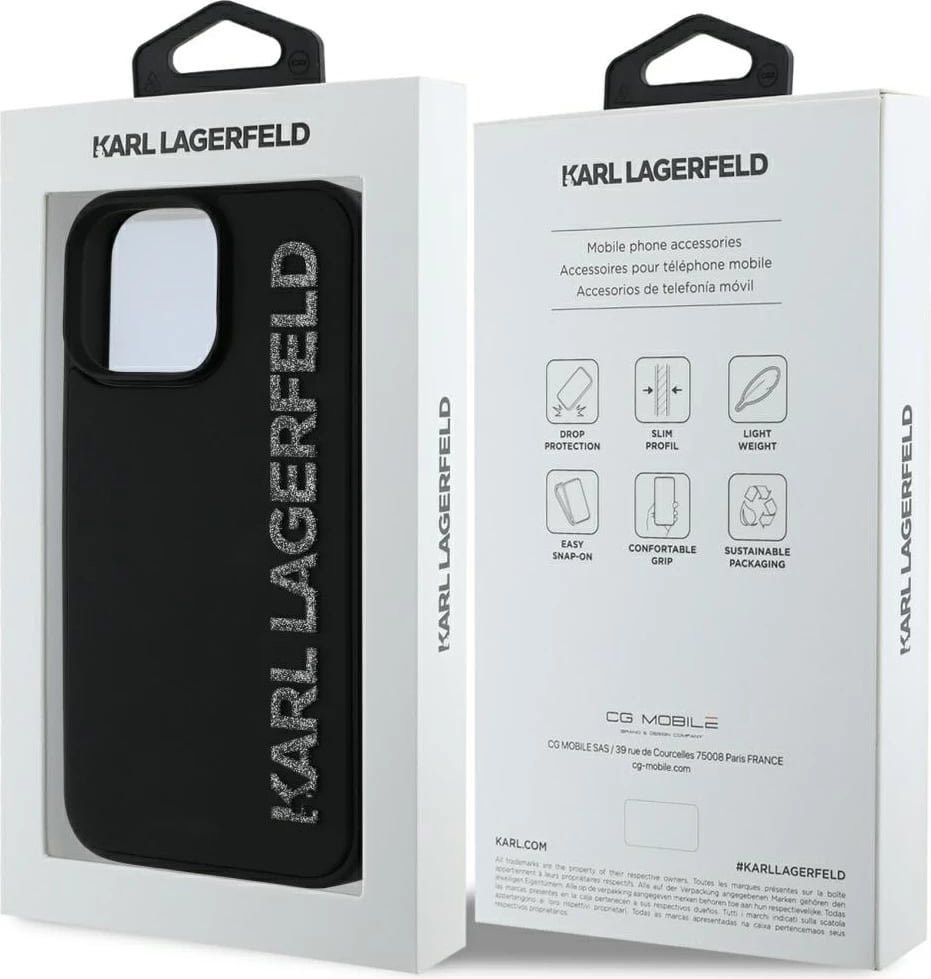 Mbështjellës, Karl Lagerfeld HC 3D Rubber Elongated Glitter, për iPhone 16 Pro Max 6.9\", hardcase TPU/silikon, e zezë