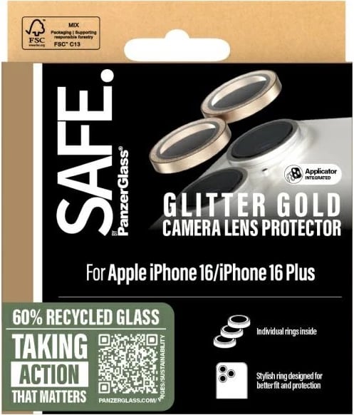 Mbrojtës lente PanzerGlass SAFE95894 për iPhone 16/16 Plus, ari glitter