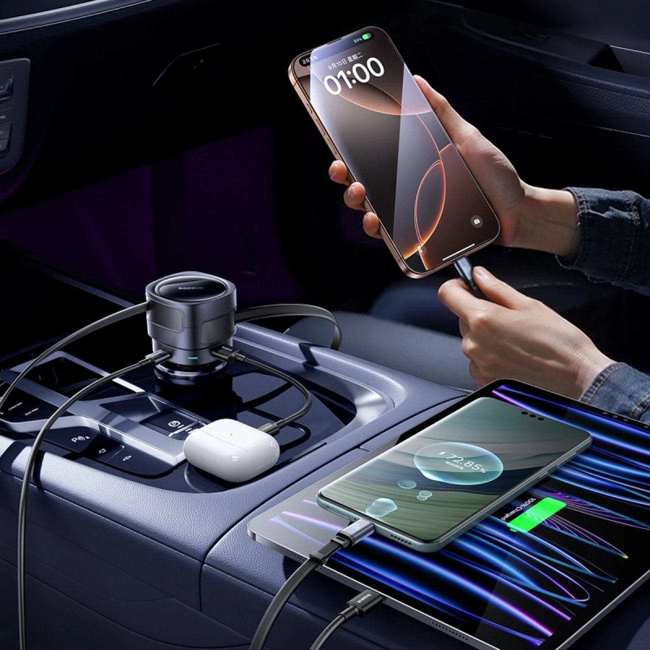 Karikues veture Baseus Enjoyment Max 90W, 2x USB-C + USB-A + kabllo USB-C, i zi