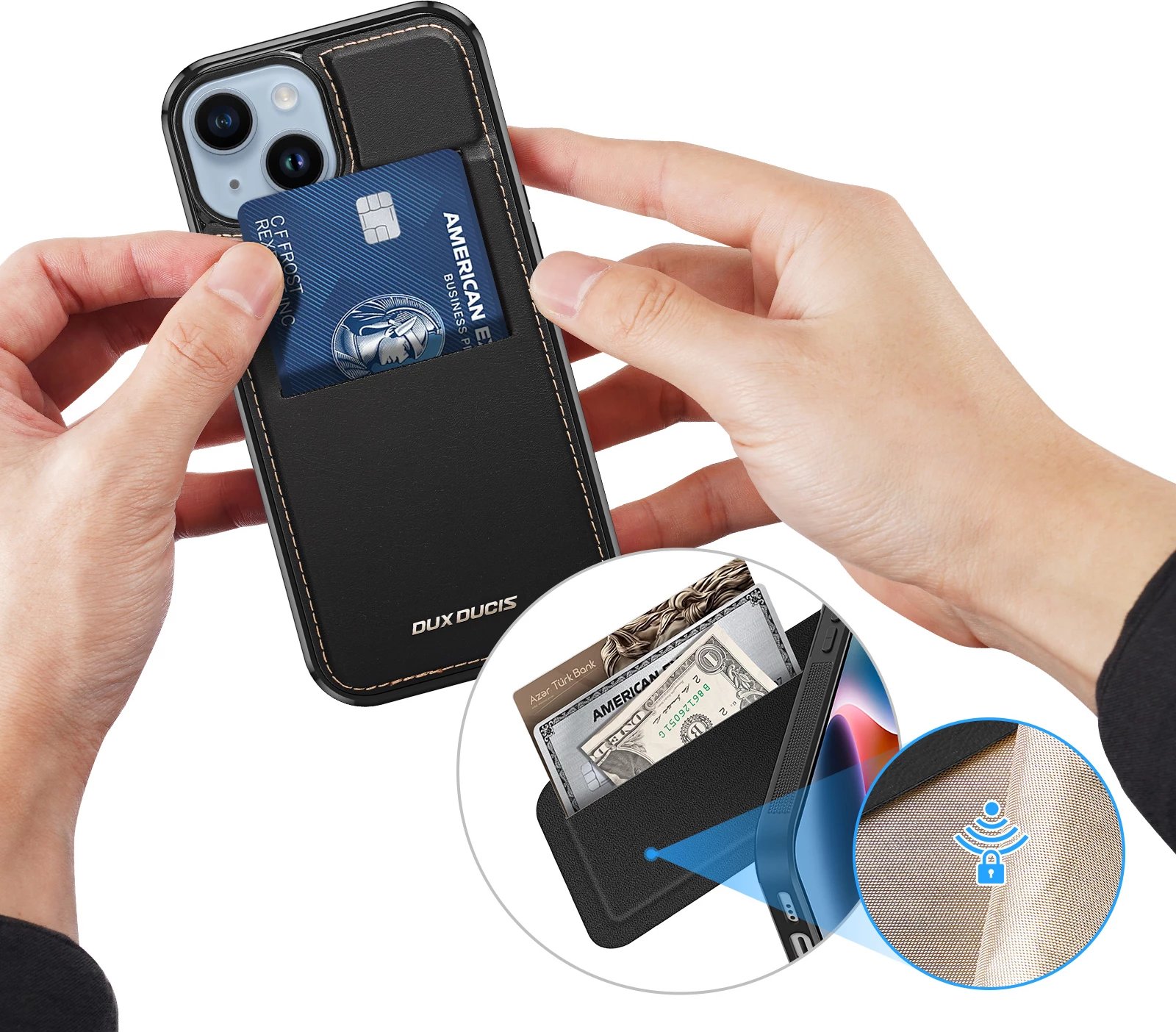 Mbështjellës Dux Ducis Rafi Mag për iPhone 15 Plus, me portofol, MagSafe, bllokues RFID, e zezë