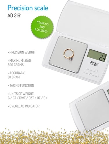 Peshore precize, Adler AD 3161, saktësi 0.1 g, kapacitet 500 g, LCD, me tarrë, me bateri në set