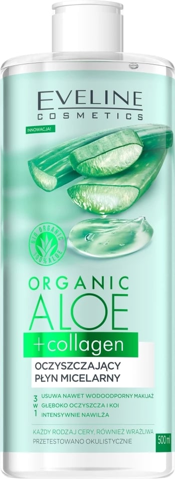 Ujë micelar pastrues Eveline Cosmetics Organic Aloe + Collagen 3-in-1 për femra 500ml