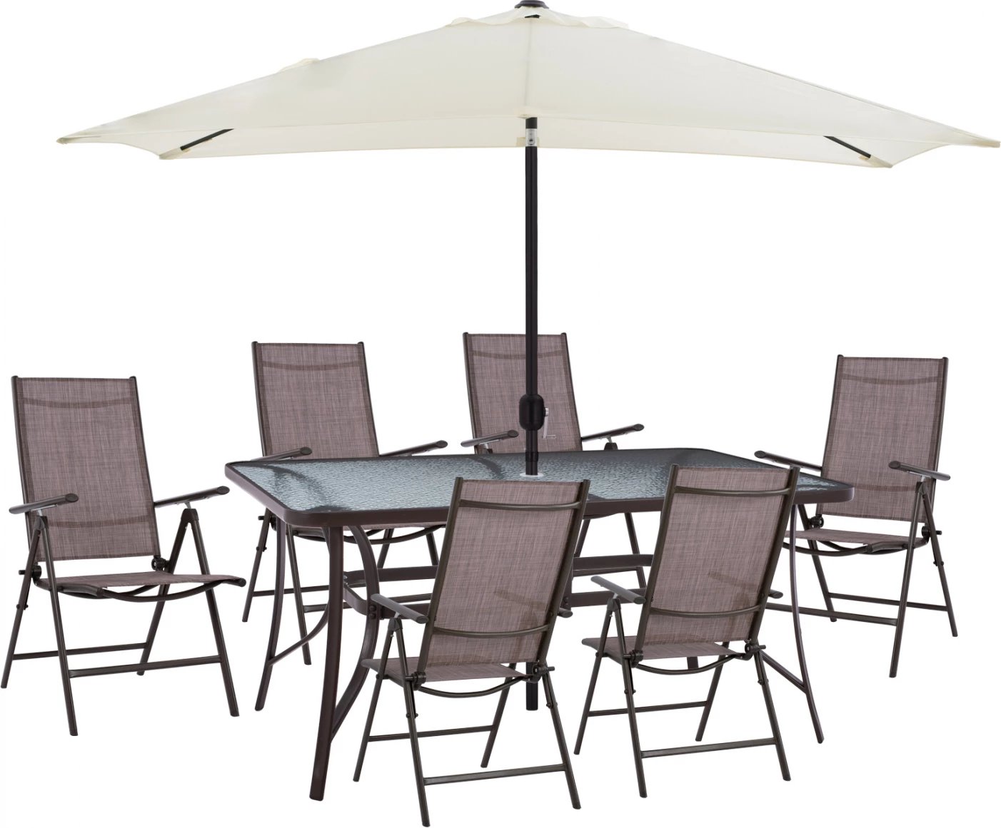 Set për terasë 8 pjesë tavolinë me ombrellë bezhë dhe karrige të palosshme kafe FH11491