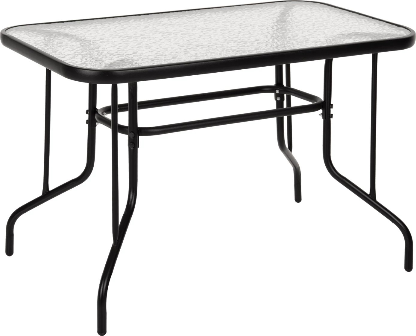 Tavolinë metalike për jashtë ADAM, e zezë, me sipërfaqe xhami të forcuar, 110x60x71 cm