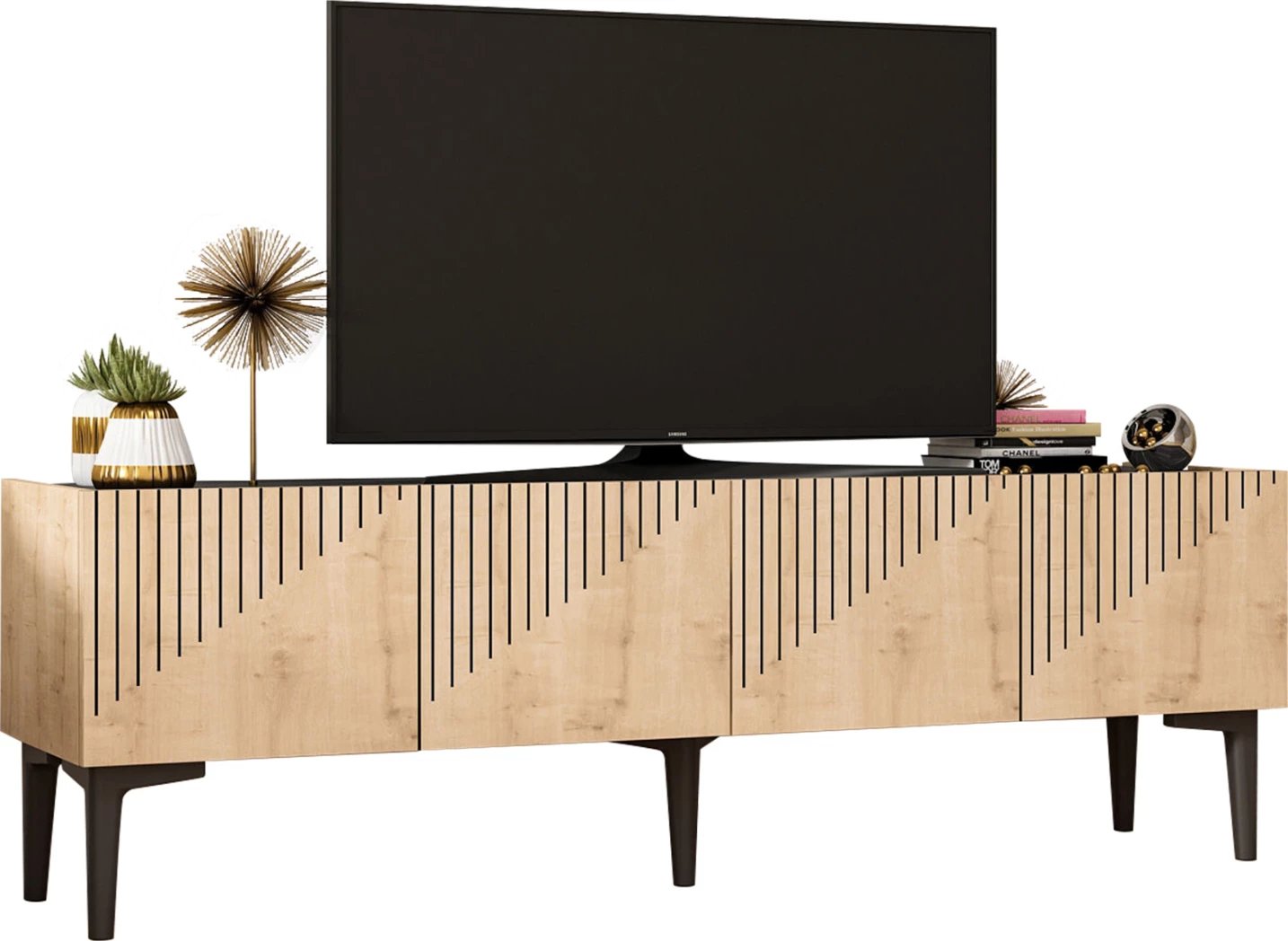 Mobilje TV melamin, ngjyrë natyrale dhe sipërfaqe mermeri të zi, 154x37x45Hcm, FH9435.01
