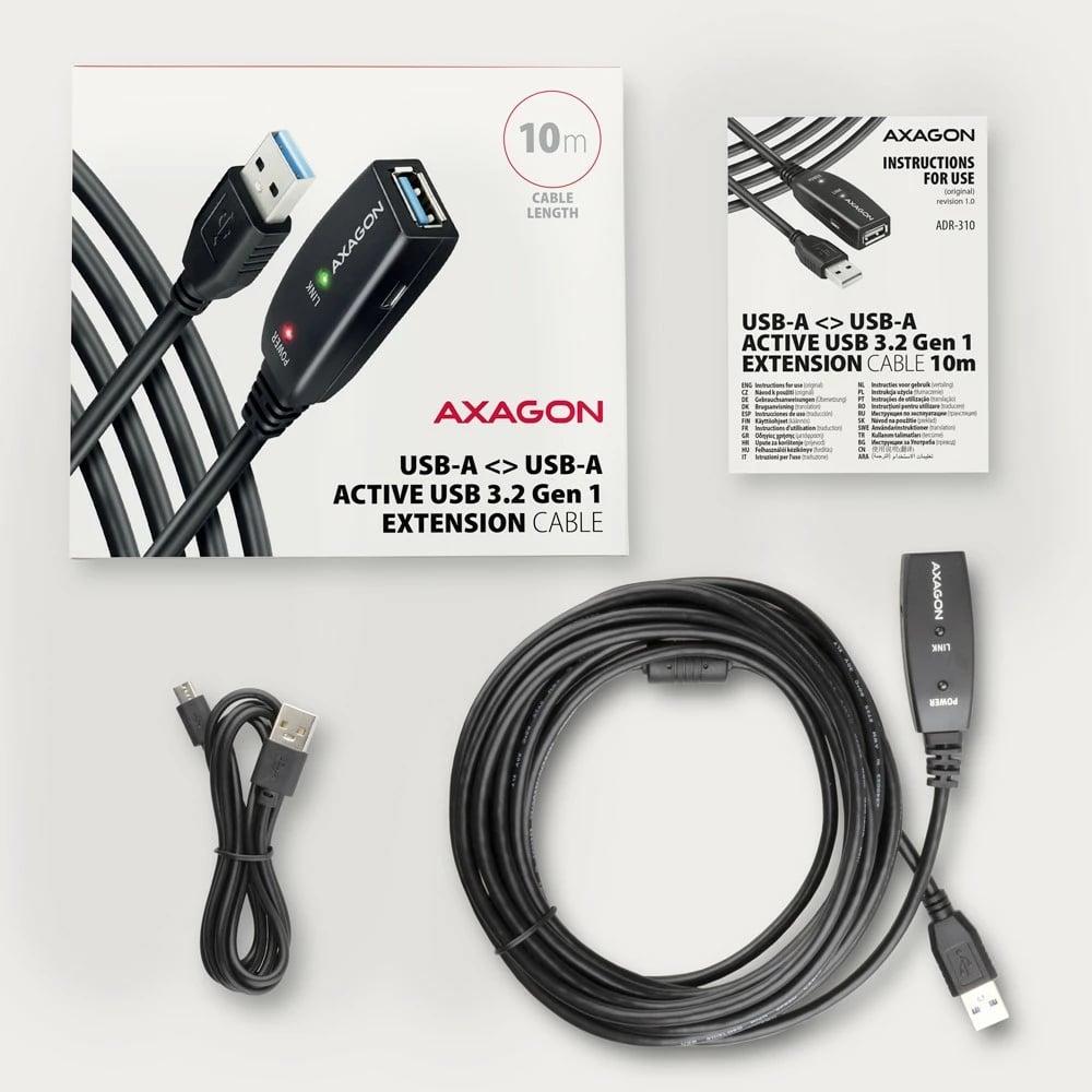 Kabllo zgjatues aktiv USB 3.2 Gen 1 AXAGON ADR-310, 10m, e zezë