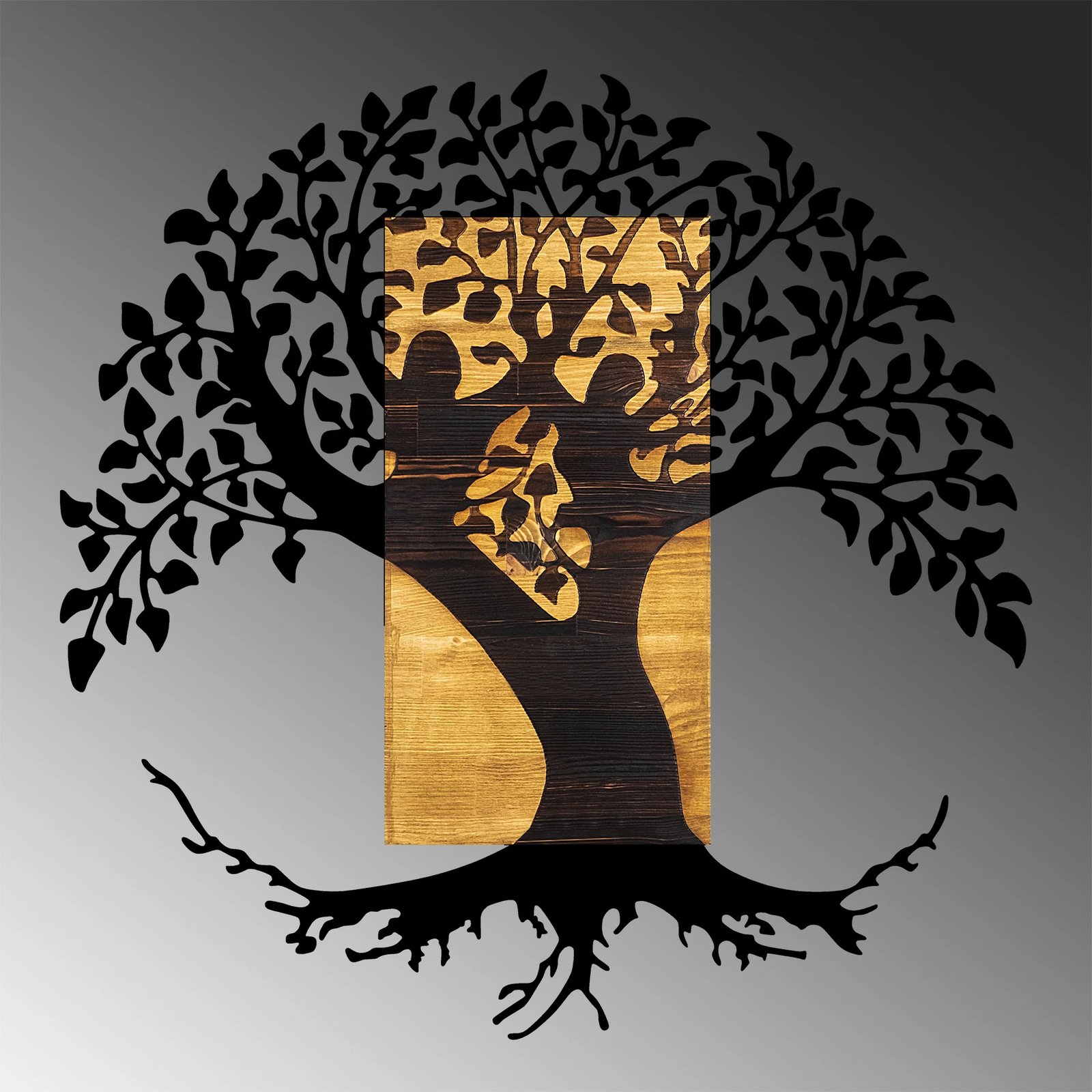 Aksesor dekorativ për mur, dru dhe metal, Monument Tree, ngjyrë arre dhe e zezë, 89x3x90cm