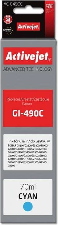 Ngjyrë zëvendësuese Activejet GI-490C për printer Canon, 70ml, e kaltër