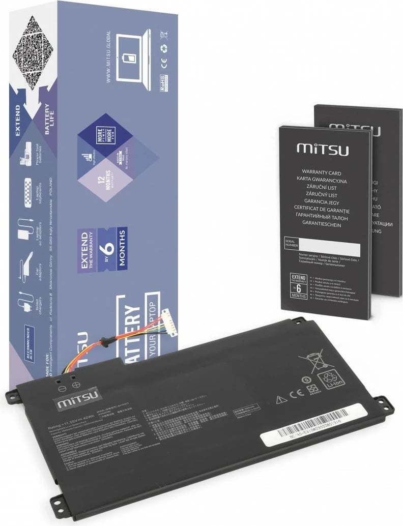 Bateri laptop Mitsu BC/AS-E410, 3550 mAh, për Asus Vivobook E410MA L410MA, 3 qeliza, e zezë