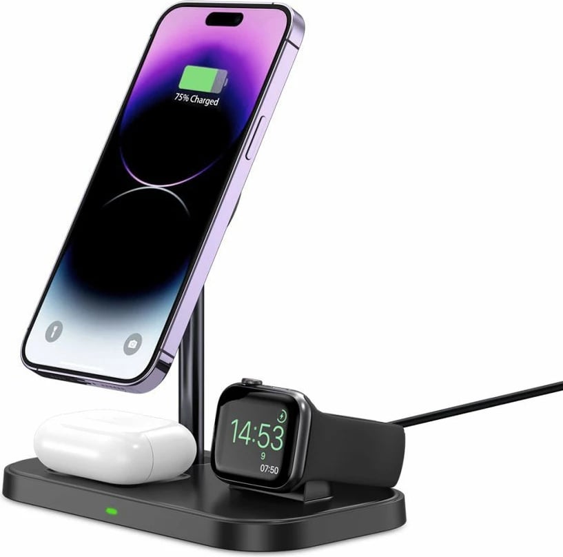 Karikues induktiv 3-në-1 Tech-Protect QI15W-A22 me MagSafe, për smartphone, Apple Watch dhe AirPods, i zi