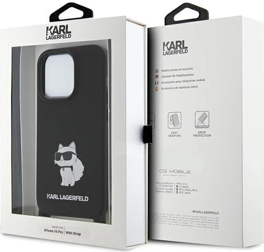 Mbështjellës Karl Lagerfeld Crossbody Silicone Choupette për iPhone 15 Pro Max, i zi, me rrip
