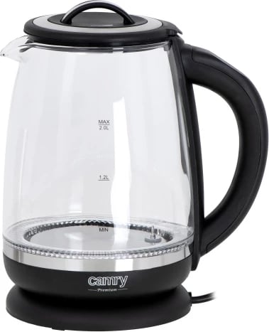 Zierës uji elektrik, Camry CR 1290, xham 2.0 L, kontroll temperature 60–100°C, shportë çaji, i zi